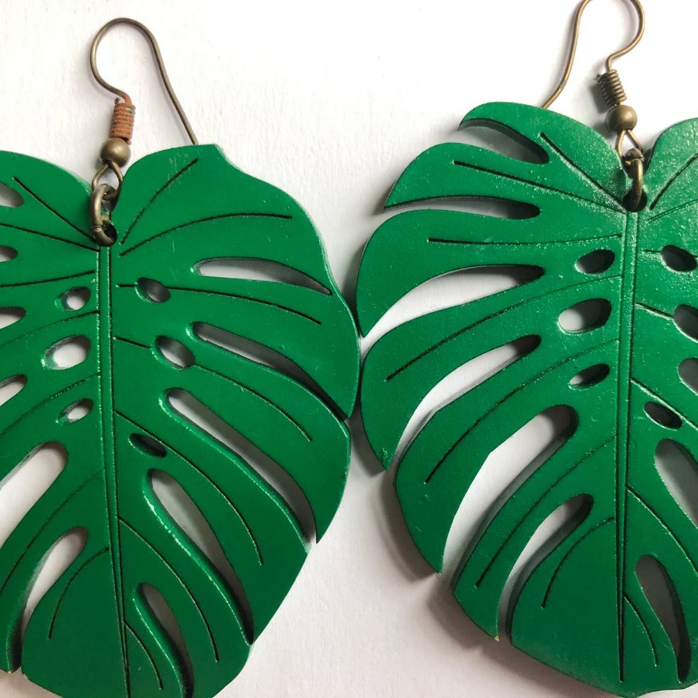 Large Green Monstera Plant Earrings